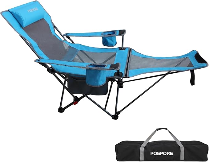 Reclining Camping Chair with Removable Footrest Lounge Chair with Headrest, Cotton Cushion, Portable Adjustable Folding Chairs