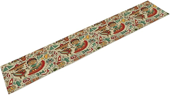 Traditional Mexican Style Table Runner, Exotic Skull Cactus Tribe Dance Music Theme Pattern for Kitchen CoffeeTea Table Dinner Room 13x108 Inch
