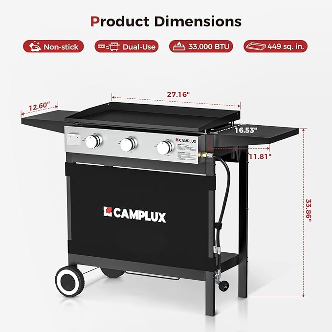 CAMPLUX Flat Top Griddle, Propane gas outdoor grill Griddle Cooking Station for Camping,BBQ,Tailgating or Picnicking, Stainless Steel, Silver, Black
