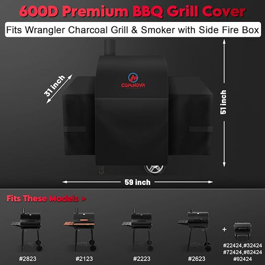 Comnova Grill Cover for Char Griller Wrangler Charcoal Smoker - 600D Premium Outdoor Grill Cover for Charcoal Grill, Fit Wrangler models 2123, 2823, 2223, 2623 with Side Fire Box - 59"L x 31"W x 51"H