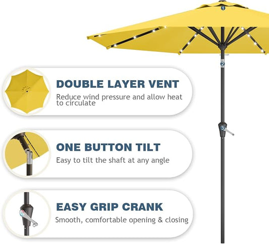 9FT Patio Umbrella with Solar Lights,Outdoor Market Umbrella with Tilt and Crank, LED Lighted Table Umbrella for Garden,Deck,Backyard,Pool,Beach (Yellow)