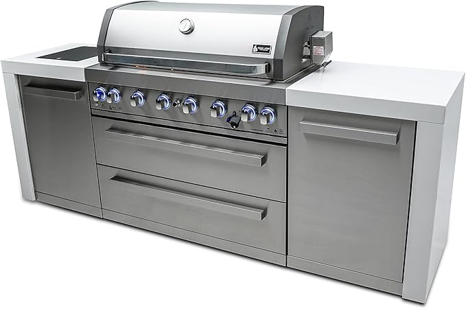 Mont Alpi Premium 94"W x 23"D Deluxe Stainless Steel Modular Outdoor Kitchen Island with Infrared Side Burner + 44"W 6-Burner BBQ Gas Grill + White Granite Countertops + Storage Cabinets & Drawers