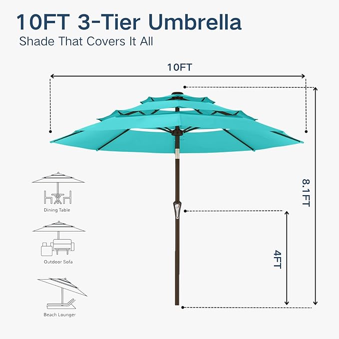 10FT Patio Umbrella 3 Tiers Outdoor Market Umbrella w/Push Button Tilt, Crank, UV and Waterproof Table Umbrella for Garden, Pool, Backyard, Deck, Lawn, Aqua Blue
