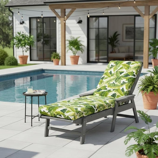 Modern Outdoor Chaise Lounge Cushion with Ties – Durable Polyester Fabric, Channel-Filled Polyfiber Insert, Removable Zippered Cover, Palm Leaves White