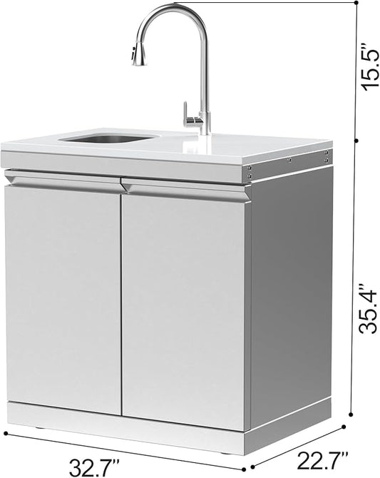 Stainless Steel Double Door Outdoor Sink Cabinet, White Quartz Countertop, Hidden Handle, Pull-Down Faucet, Large Storage, Modular BBQ Island Prep Sink for Patio - White