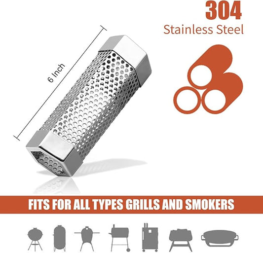 Smoke Tube for Pellet Smoker SROKIO 6 Inch Smoker Tube BBQ Stainless Steel for Pellet Smoker Hot or Cold Smoker Accessories, with Brush