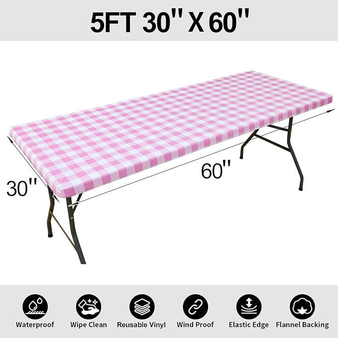 Smiry Rectangle Picnic Table Cloth, Elastic Waterproof Fitted Vinyl Tablecloths, Flannel Backed Buffalo Plaid Table Covers for Dining, Camping, Valentines (White and Pink, 30" x 60")