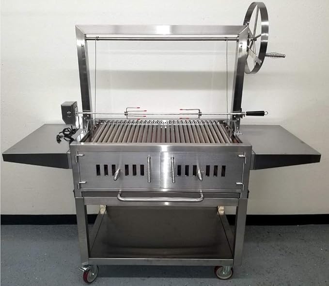Charcoal Outdoor BBQ, Stainless Steel #430 Body and #304 Grates, Rotisserie Parrilla Santa Maria/Argentine Grill Spit