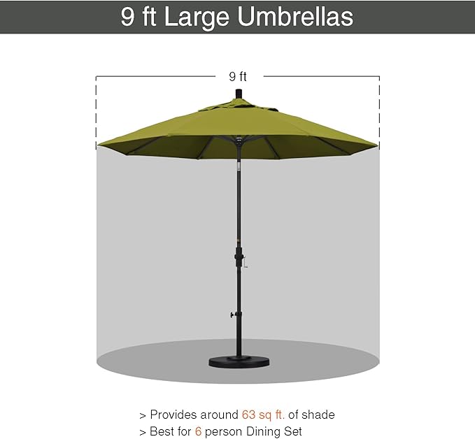 California Umbrella 9' Round Aluminum Market Umbrella, Crank Lift, Collar Tilt, White Pole, Kiwi Olefin
