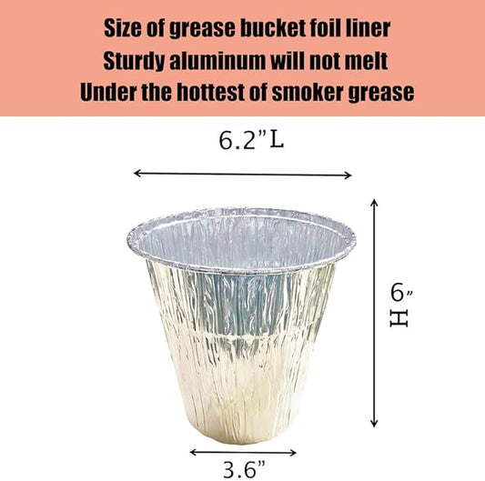 25 Pack Grease Bucket Liner for Pit Boss Grills 67292 Foil, Smoker Drip Pan for Traeger Woodridge Pro Pellet Grills and Flatrock Timberline XL Ironwood Grease Bucket Liner Large BAC608 6.2”x 6.0”