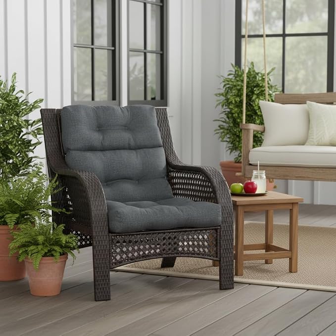 Outdoor Tufted High-Back Chair Cushions, One-Piece Hinged Seat and Back Design, Reversible with 4 Ties, Durable Polyester Fabric, Recycled Fiber Fill - Single, Carbon