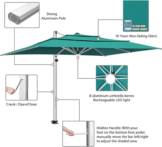 EliteShade USA APOLLO 3-Tier 10x13FT Full Aluminum Cantilever Patio Umbrella for Outdoor Restaurant Garden Courtyard Deck Pool and Marketing with Light (No battery), Teal