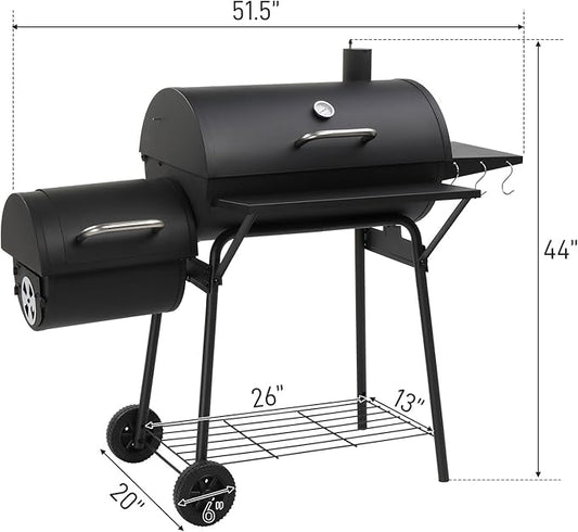 51.5in Barrel Charcoal Grills,Outdoor BBQ Grill,Large Vertical Picnic Barbecue Grills,Portable Camping Stove Grill,with Offset Smoker & Warming Rack,for Backyard Patio Parties Garden Beach (Black)