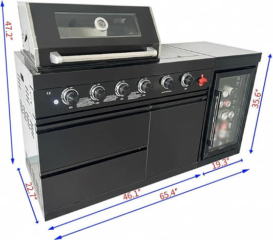 65-Inch 4-Burner 72,000 BTU Deluxe Stainless Steel Propane Gas Outdoor Kitchen Barbecue Island Grill, Wine Cooler, Compact Refrigerator, Marble Countertops