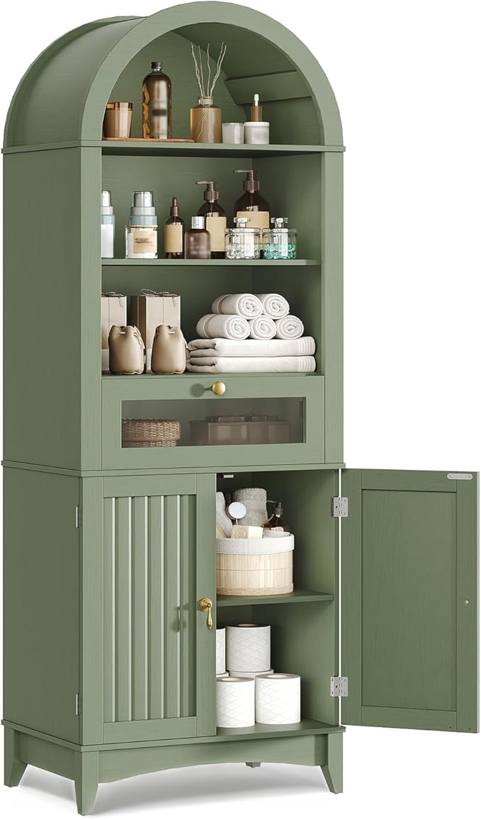 RALGEND 66" Tall Bathroom Storage Cabinet with Flip Drawer, Freestanding Storage Cabinet with Doors & Shelves,Arched Cabinets for Bathroom, Living Room, Kitchen, Laundry, Green