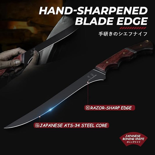 DRGSKL Boning Knife 7 inch - Brisket Trimming Knives for Meat Cutting, Black Butcher Slicing Knives with Full Tang Handle, Kitchen Fillet Knife for Birthday Dad Mom Gift
