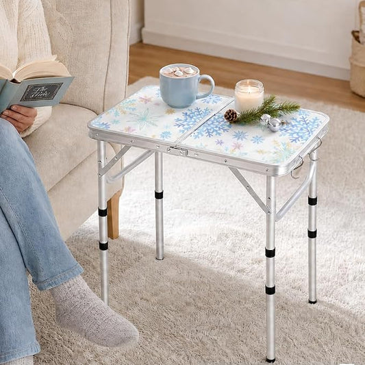 YUFIFAIRY Small Folding Table 2 Foot, Portable Camping Table with Mesh Holders,Lightweight Aluminum Adjustable Height, with Carry Handle for Camping Picnic Indoor Outdoor 24 x 16 x27.5 (Snowflakes)