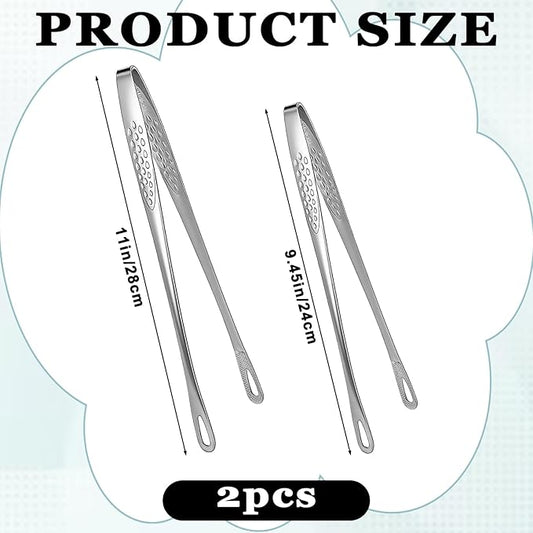 2 Pcs 11 Inches and 9.45 In Kitchen Tongs Korean BBQ Tweezers Grill Tools Stainless Steel Kitchen Tweezers Grill Food For Cooking, Meat, Bread & Ice, Clip Head Hollow Design