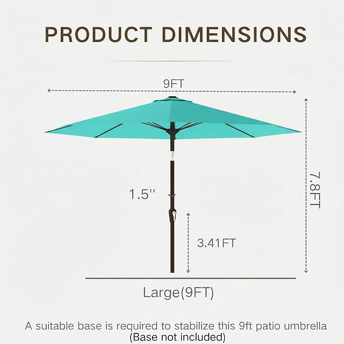 Kingdura 9FT Outdoor Patio Umbrella, Round Market Table Umbrella with Push‑Button Tilt and Crank Lift, 8 Sturdy Metal Ribs, UV50+ Protection Canopy for Backyard, Lawn, Deck, Poolside, Garden (Tiffany blue)