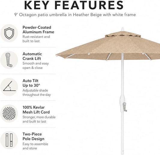 Treasure Garden 9ft Patio Umbrella - Outdoor Furniture Market Umbrella โ Deluxe Auto-Tilt โ White Aluminum Frame (Sunbrella, Heather Beige)