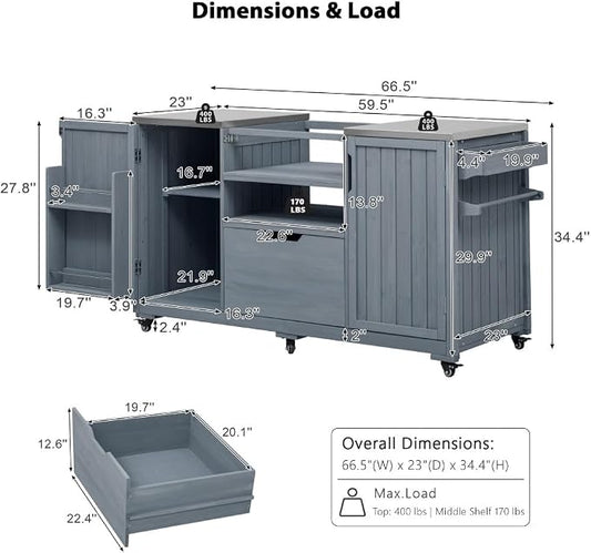 66.5" Outdoor Kitchen Island with Stainless Top & Rolling | Adjustable shelves,lockable wheels,storage cabinet,sturdy stainless top,space-saving for patio/backyard/outdoor,easy assembly