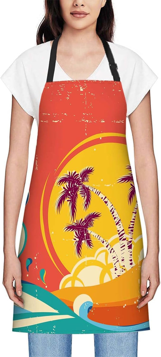 oFloral Hawaii Beach, Vintage palm tree sun Tropical Island Giant Wave Bib Apron with Adjustable Neck for Men Women,Suitable for Home Kitchen Cooking Waitress Chef Grill Bistro Baking BBQ Apron