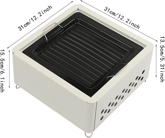 Portable Charcoal Grill, 12.2”x12.2” Square Tabletop BBQ Stove for Outdoor Cooking, Camping, Picnics, Hiking, Compact Outdoor BBQ Grill w/Grill Net & Baking Tray for Barbecuing (White)