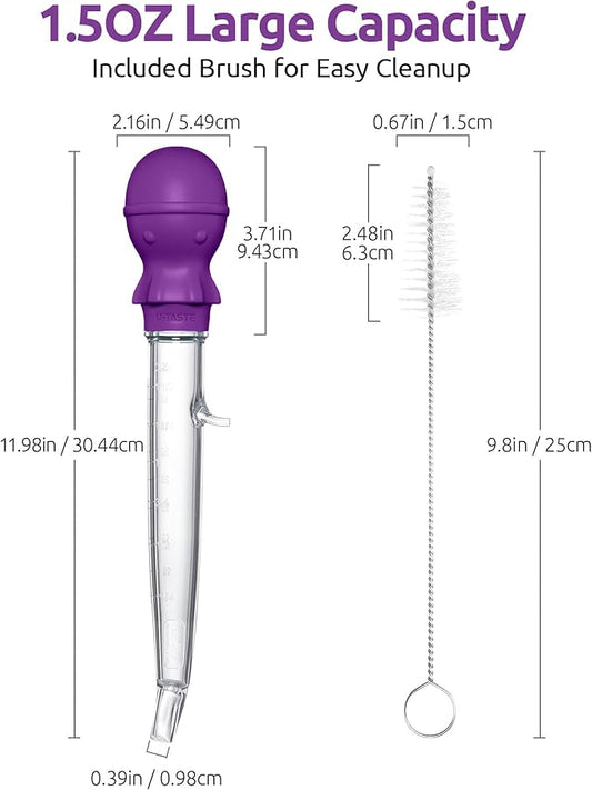 U-Taste 1.5oz Angled Turkey Baster - 228.2ยบF Heat Resistant Food Grade Tritan and Silicone Large Octopus Bulb Baster Set with Cleaning Brush for Cooking Basting Meat Poultry Beef Chicken (Purple)