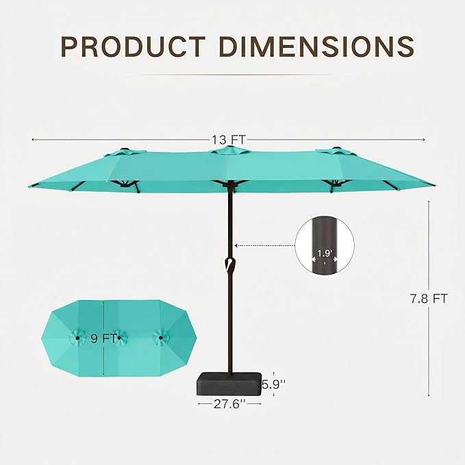 Kingdura 13ft Large Patio Umbrella with Base Included, Double-Sided Rectangle Outdoor Table Umbrella with 12 Reinforced Ribs, Crank Lift for Market Pool Deck Backyard, Tiffany blue