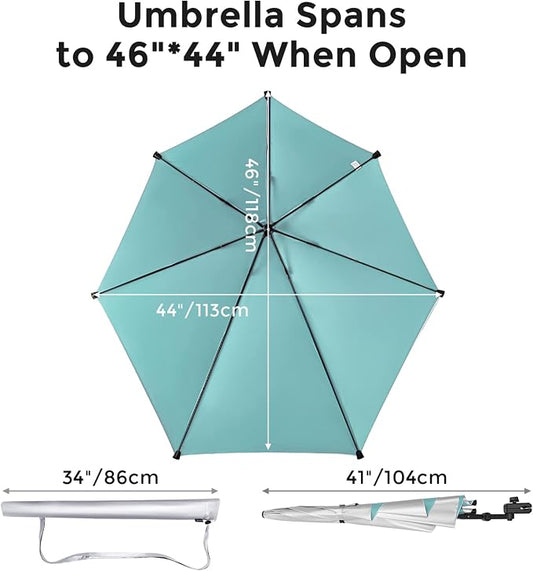 G4Free Beach Chair Umbrella with Universal Clamp UPF 50+ Golf Cart Umbrella | 46"x44" Large Canopy Sun Umbrella UV Protection, Adjustable Clamp for Beach Chair/Wheelchair/Stroller, 360° Flex Shaft, 7 Rib
