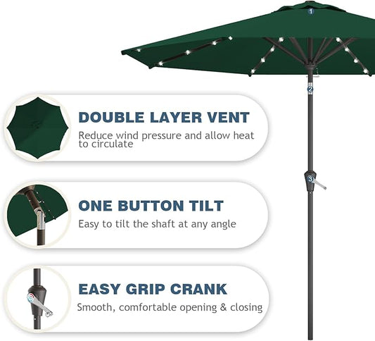 9FT Patio Umbrella with Solar Lights,Outdoor Market Umbrella with Tilt and Crank, LED Lighted Table Umbrella for Garden,Deck,Backyard,Pool,Beach (Dark Green)