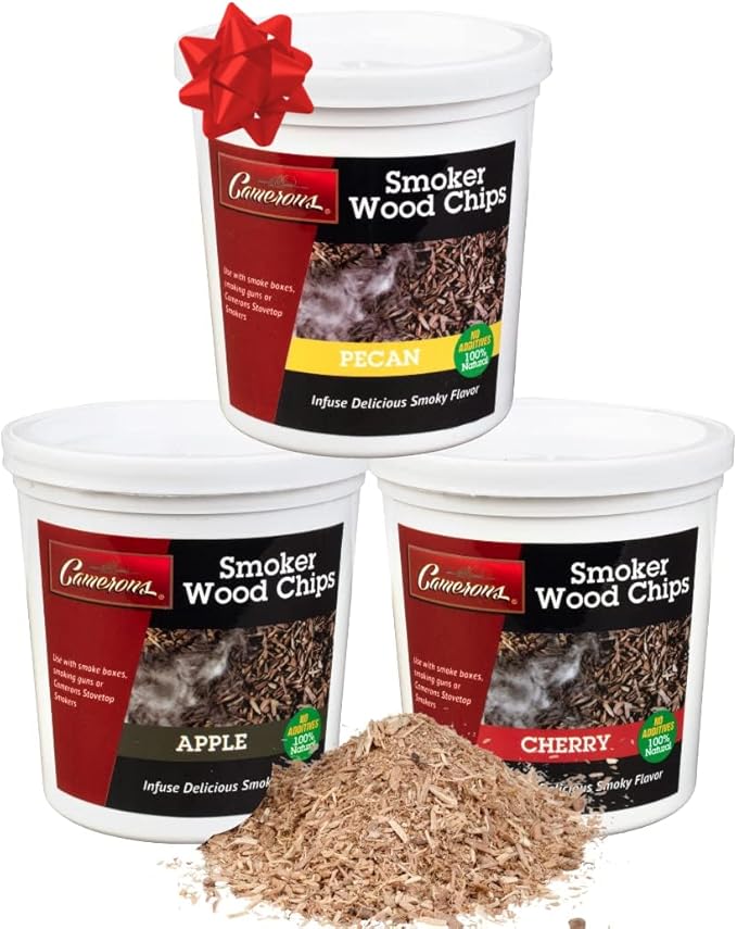 Camerons All Natural Extra Fine BBQ Wood Chips, 3 Pack - Apple, Cherry, Pecan (3 Pints, 0.473L ea) - Kiln Dried Sawdust Shavings for Smoking Guns, Smokers, Smoke Boxes - Barbecue Grilling Gift Set