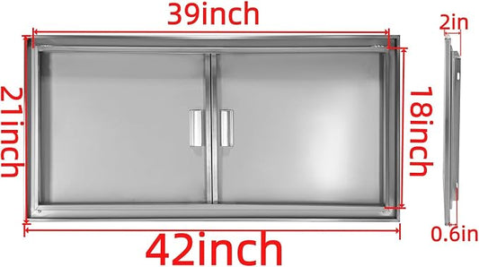 Outdoor Kitchen Door 42" W x 21" H Stainless Steel BBQ Double Access Door Flush Mount Vertical Wall Doors with Handle Suitable for Grilling Station Outside Cabinet Outdoor Kitchen