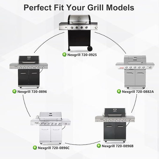 Grill Parts for Nexgrill Replacement Parts 6 Burner 720-0896B, 720-0925, 720-0896C, 5 Burner 720-0882A, 720-0896, 4 Burner 720-0925P. Grill Heat Plate Shields, Burner Tubes, Carryover Tubes, Ignitors.
