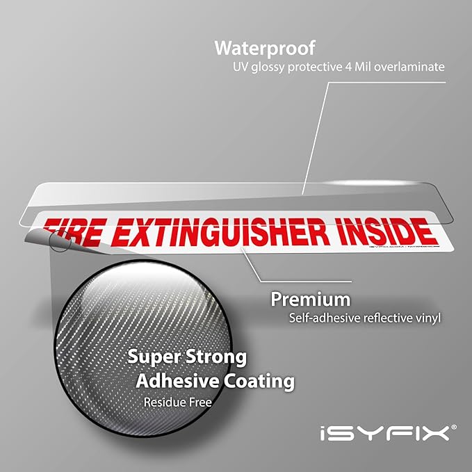 iSYFIX Fire Extinguisher Inside Sticker Sign – 10 Pack 12x2.5 Inch – Self-Adhesive Reflective Vinyl Decals, Laminated UV, Weather, Scratch, Fade Resistance, for Cars, Trucks, Trailers & Vehicles