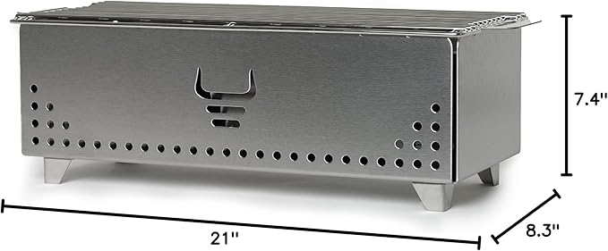 Portable Tabletop Charcoal Grill, YAK Grills Hibachi, 100% Stainless Steel, Grill at 750ºF, Patio, Balcony. 15”x7” Grilling Area. Includes Grate Handle & Carrying Case.