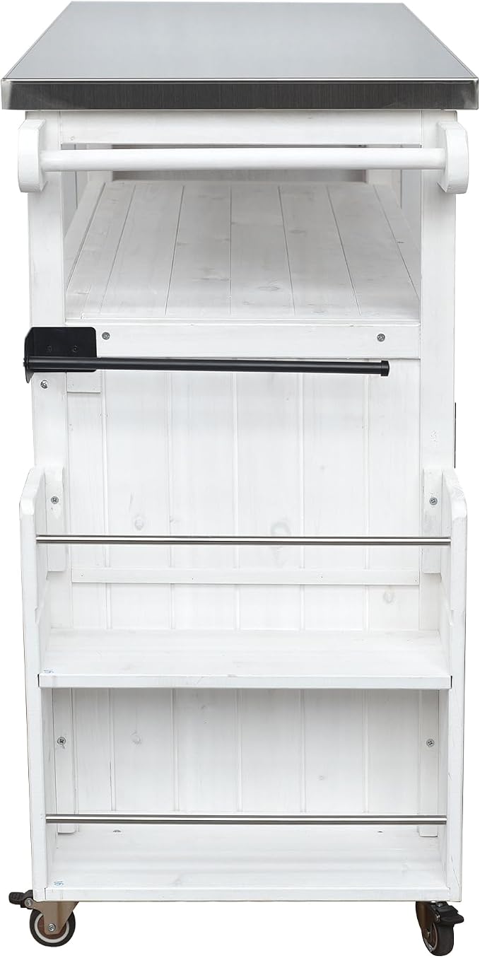 JIVOIT Outdoor Fir Wood Kitchen Island with Foldable Stainless Steel Top, Patio Mobile Kitchen Cart Portable Outdoor Cooking Island with Lockable Wheels, Storage Cabinet and Towel Rack (White/124)