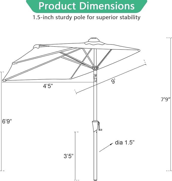Helios&Hestia 9 ft Small Half Round Wall Outdoor Market Patio Umbrella with Tilt and Crank for Garden, Deck, Balcony