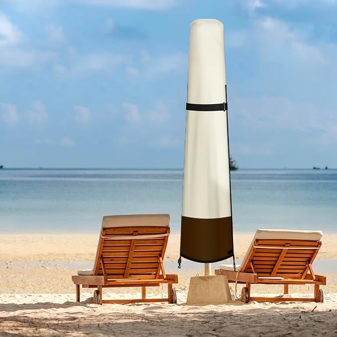 Patio Umbrella Cover Outdoor Umbrella Cover with Rod Waterproof Durable 420D Polyester Fabric Patio Parasol Umbrellas Cover for 7ft to 11ft Outdoor Umbrella (600D Beige & Brown)