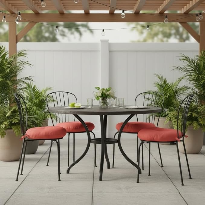 15 x 15 Round Bistro Chair Cushion, Reversible Patio Seat Cushion with Attached Ties, Polyester Fabric, Recycled Polyfiber Fill, Set of 2 - Coral