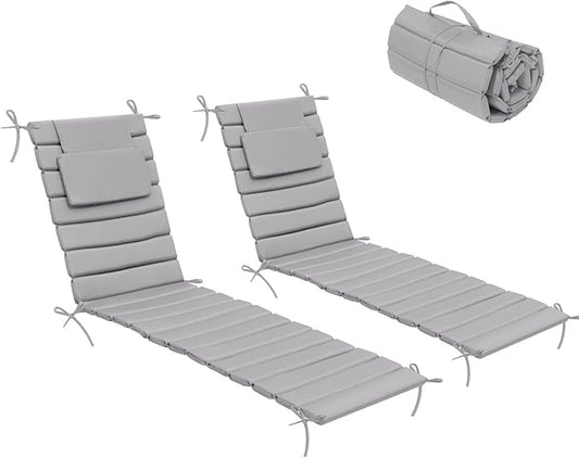 Crestlive Products Chaise Lounge Cushion Outdoor Set of 2, Foldable Waterproof Pool Lounge Chair Cushions with Straps, Lounger Cushions for Outdoor Furniture, 71''Lx21''W (Light Gray)