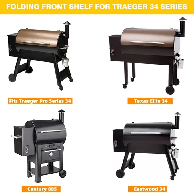 Folding Front Shelf for Traeger Pro 34 Century 885 Texas Elite 34 – BAC363 Grill Accessory 37"x12" Heavy Duty Steel Foldable Table Supports 60 lbs, BBQ Prep & Storage Station.