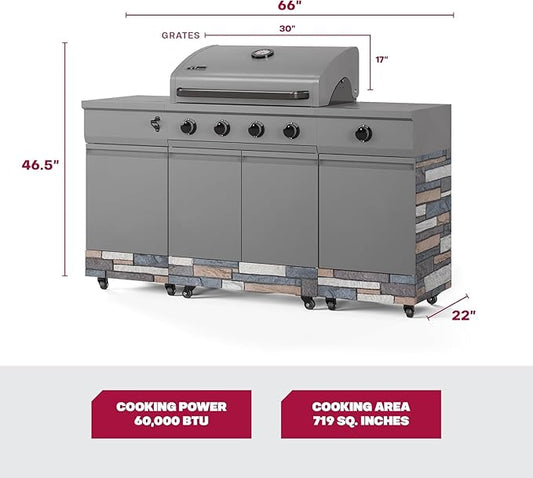 Tytus Fresno 5-Burner Propane or Natural Gas Island Grill – 864 sq. in. Cooking, 48,000 BTU Main + 12,000 BTU Side Burner, Porcelain Grates, Storage Cabinets, Semi-Portable - GM/Ash Stone Deluxe Kit
