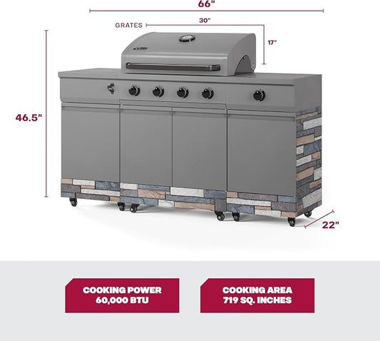 Tytus Fresno 66" 5-Burner Propane or Nat Gas Island Grill, 60K Total BTUs | Pre-assembled for fast install, 864 sq inch cooking area with Side Burner, Storage, Ice Bucket - Gunmetal / Ash Island