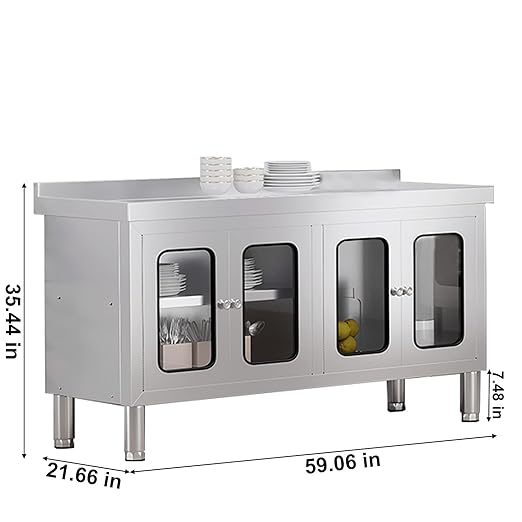 59" Stainless Steel Table Cabinet Heavy Duty Prep Table with 304 Stainless Steel Worktop and 4 Glass Doors Commercial Worktable Workbench with Storage Cabinet for Kitchen Garage Restaurant Outdoor