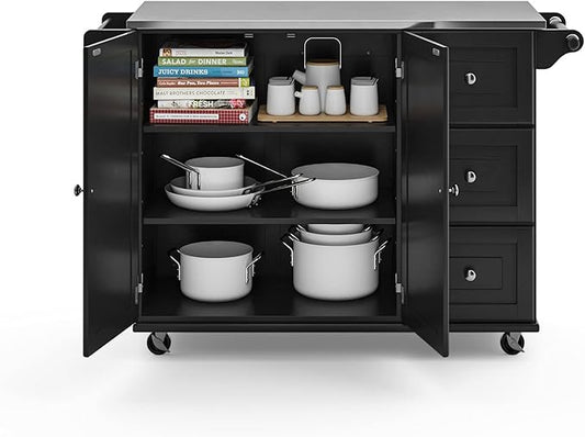 Homestyles Dolly Madison Black Mobile Kitchen Island Cart with Stainless Steel Top