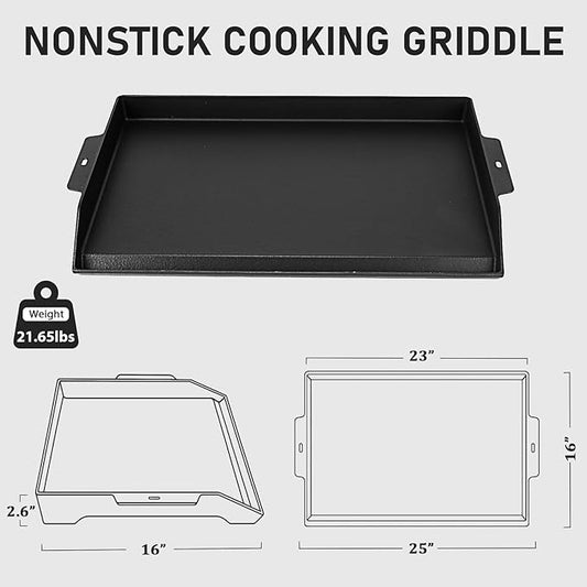 Utheer 25" x 16" Cast Iron Griddle for Gas Grill and Stove Top, Universal Flat Top Griddle with Pre-Seasoned Nonstick Coating, X-Shaped Reinforced Ridges, Perfect for Healthy Cooking, Parties, Camping