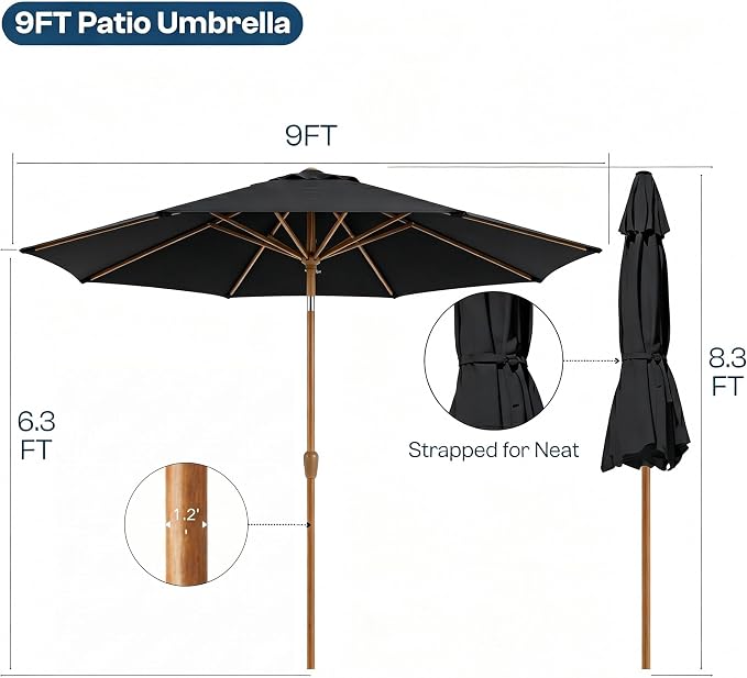 9ft Outdoor Patio Umbrella, Market Table Umbrella with Crank and Easy Push Button Tilt, Wood Grain Frame, UPF 50+ for Pool, Garden, Deck, Backyard