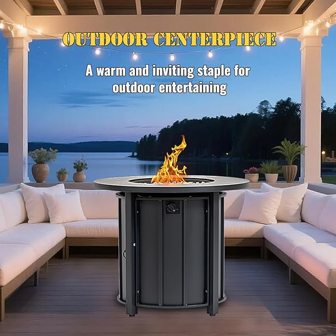 30'' Concrete Round Gas Fire Pit, 50,000 BTU Steel Outdoor Fire Tables, Fire Table with Lid, Add Warmth & Ambience to Gatherings and Parties On Patio Deck Garden Backyardļ¼White Glass Stone.