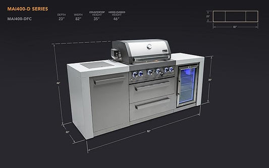 Mont Alpi 82"W x 23"D x 46"H Deluxe Stainless Steel Modular Outdoor Kitchen Island with Refrigerator + 32"W 4-Burner BBQ Gas Grill + Side Burner + Granite Countertops + Storage Cabinets and Drawers